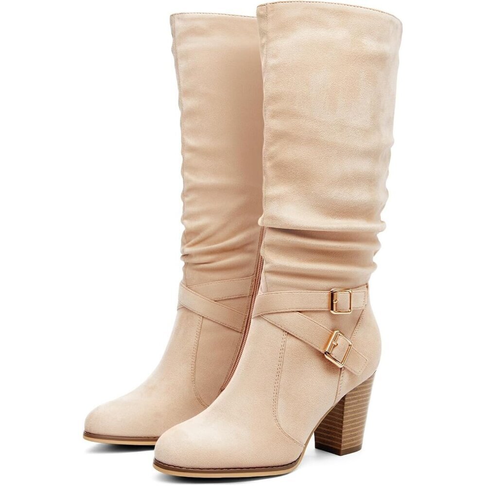 🆕Women Nude Mid Knee High Boots Chunky Heel Slouchy Metal Buckle Winter Shoes